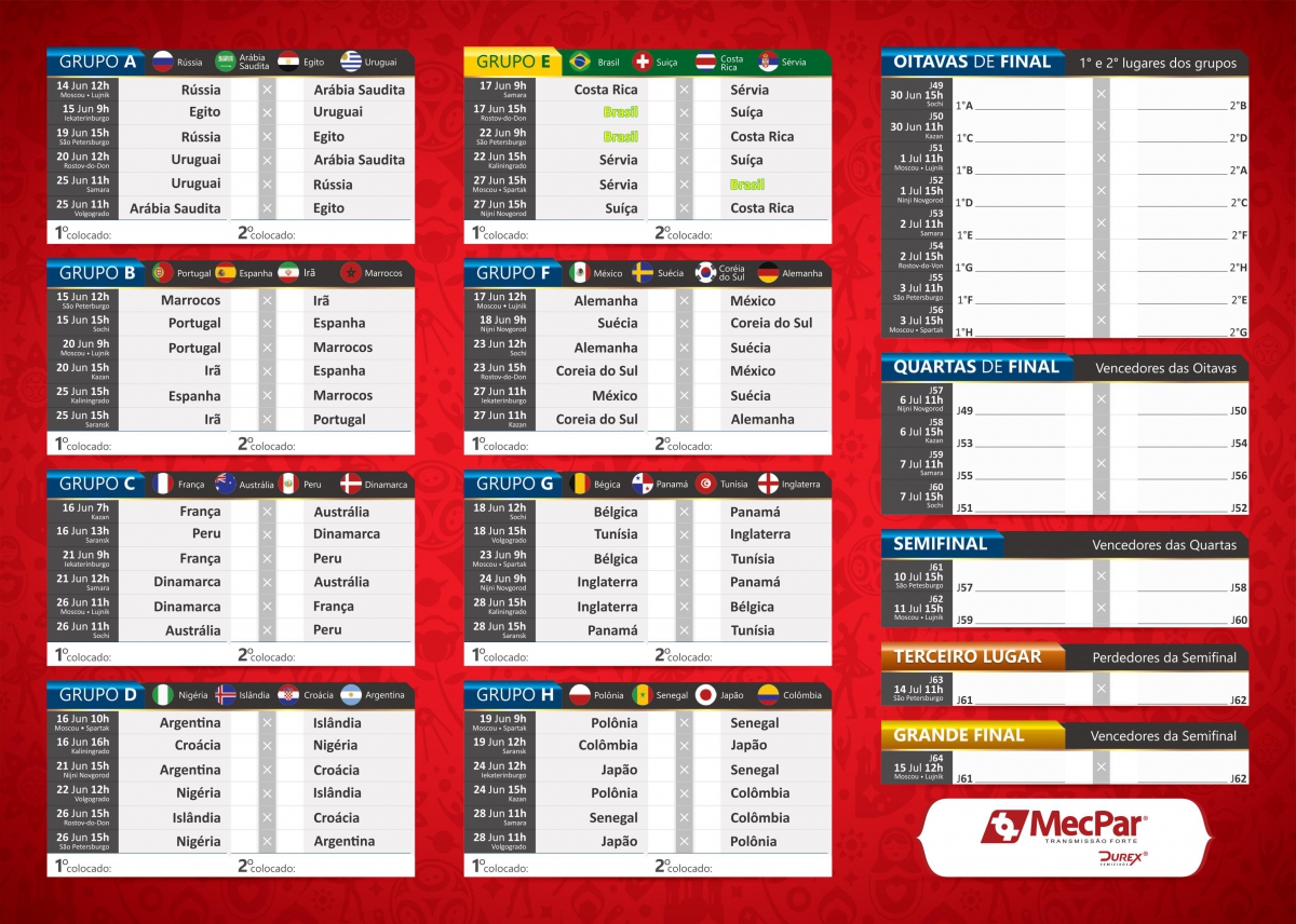 MecPar - Tabela da Copa do Mundo Fifa Rússia 2018 - Brekapeças  Representações